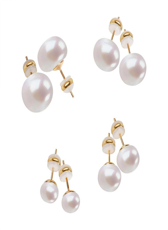 Sanglarst 4 Pairs Pearl Stud Earrings 14K Plated Gold Sterling Silver Hypoallergenic Earring stud Flat Round Large size pearl 8mm-14mm Set Earrings for women - Image 1